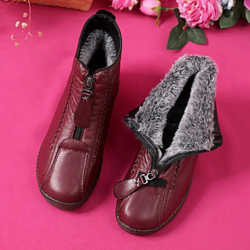 Women's fur-lined zip ankle boots cozy minimal silhouette soft interior warm winter footwear