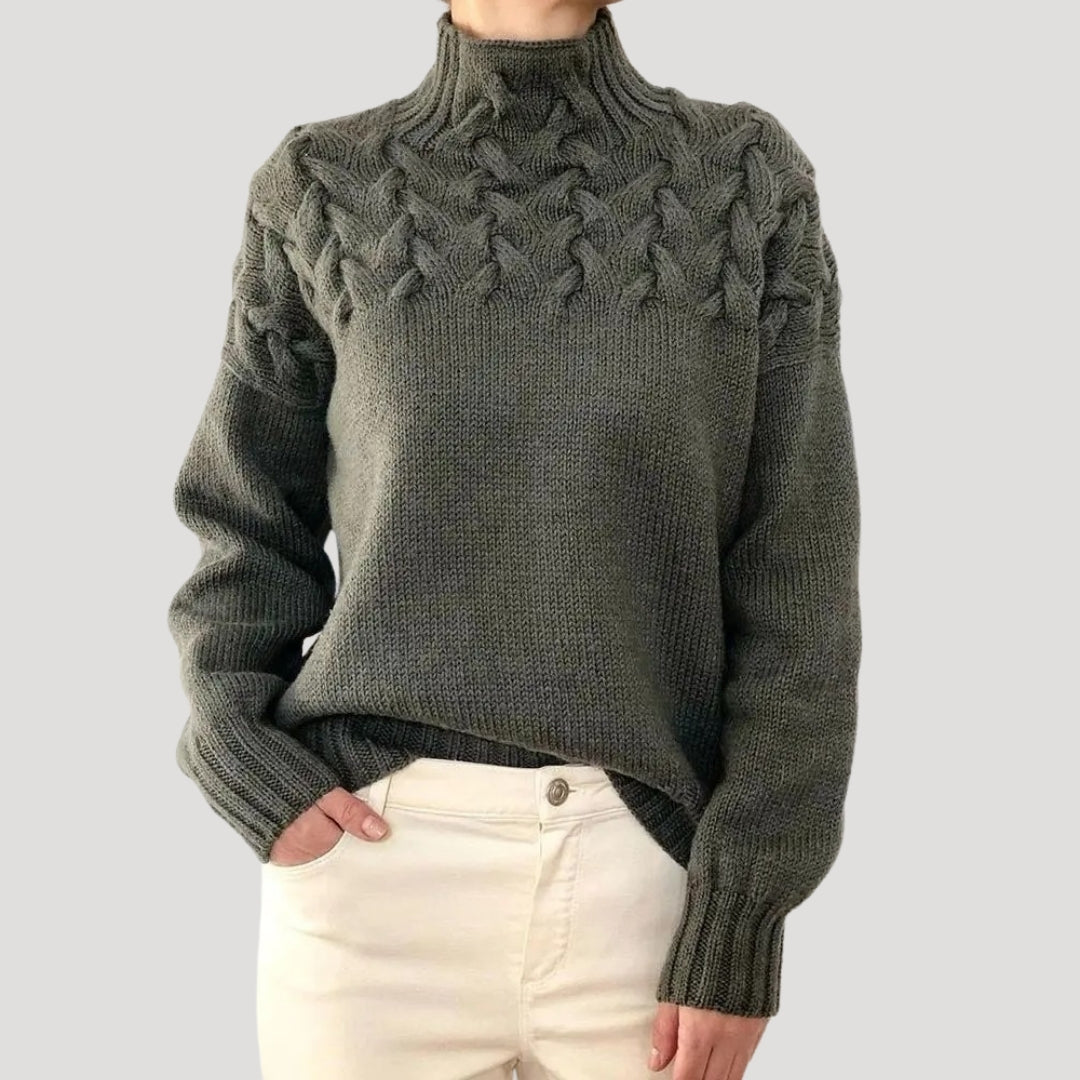Women's ivory cable knit high-neck sweater with textured pattern, cozy spring classic fit