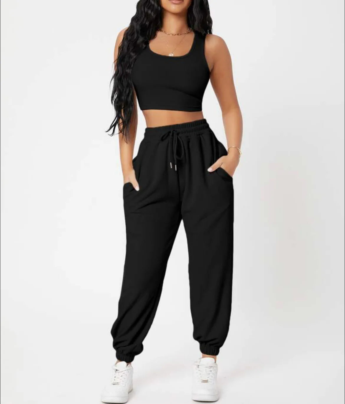 Women's ultra-soft crop top and high-rise jogger lounge set in matching two-piece silhouette