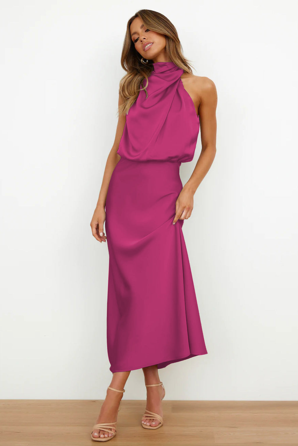 Women's satin evening dress in elegant silhouette, mini midi maxi lengths, smooth drape finish