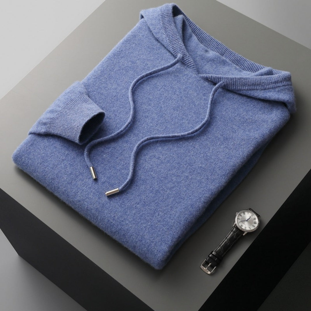 Beige cashmere hooded knit pullover relaxed unisex fit with soft ribbed hem for spring layering