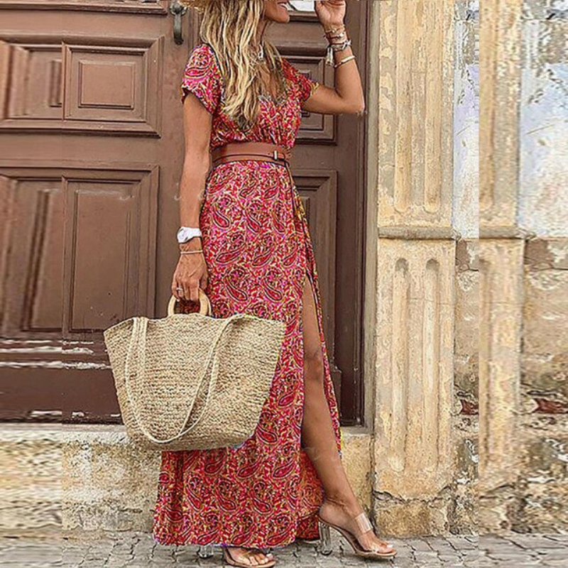 Harper women's floral maxi dress with V-neck, short sleeves, and flowing flattering silhouette