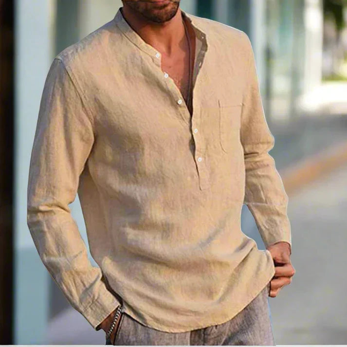 Men's lightweight linen shirt with breast pocket, relaxed fit, breathable summer essential in neutral tone