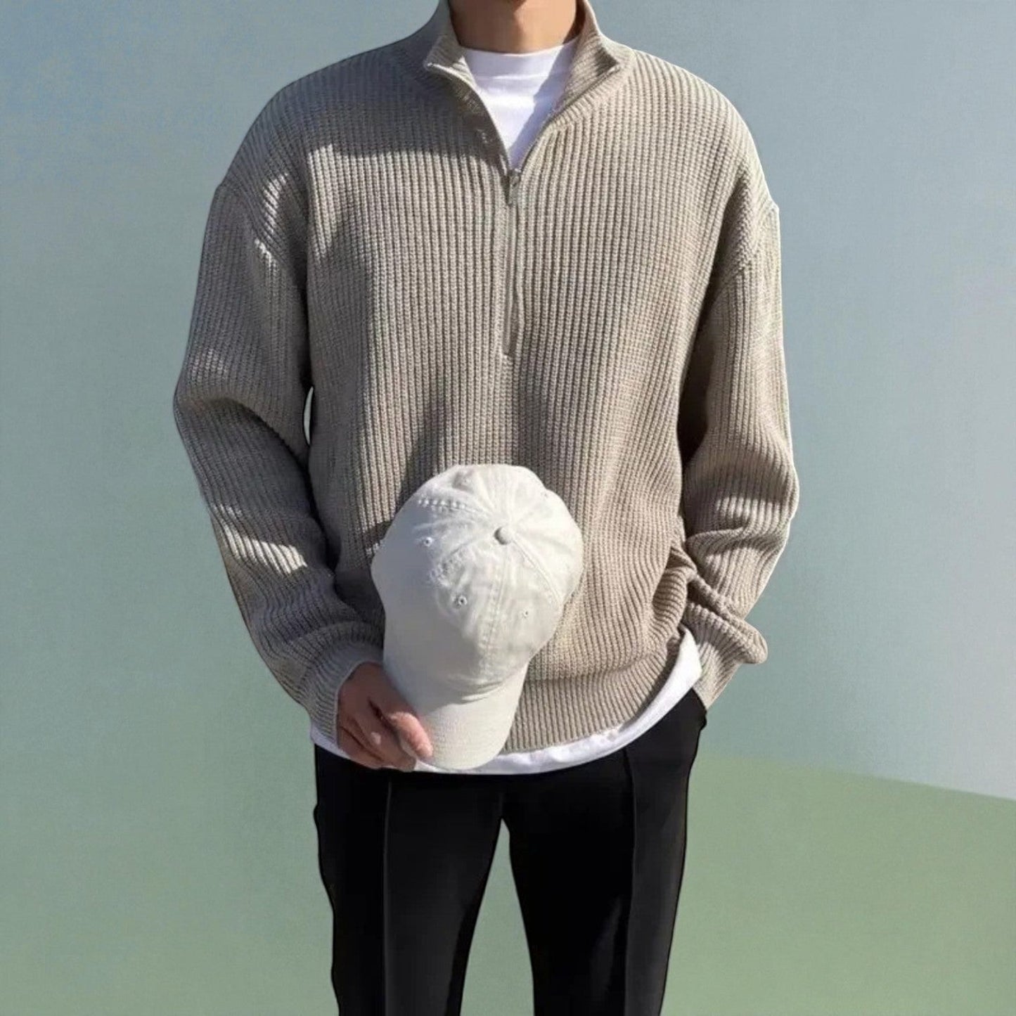 Sandro men's wool quarter-zip sweater, textured knit in neutral tone with modern slim cut