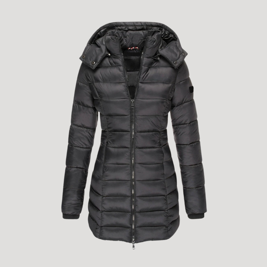Women's long hooded puffer winter coat in neutral tone, insulated slim silhouette cozy chic outerwear