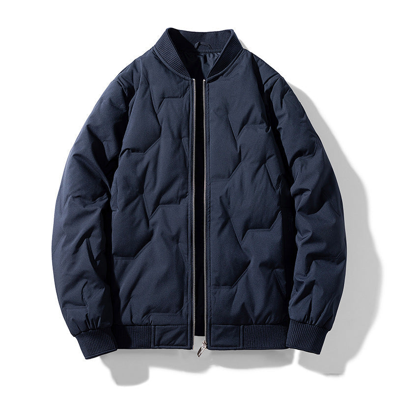 Men's down bomber jacket navy blue sporty casual style full zip elastic cuffs lightweight insulation