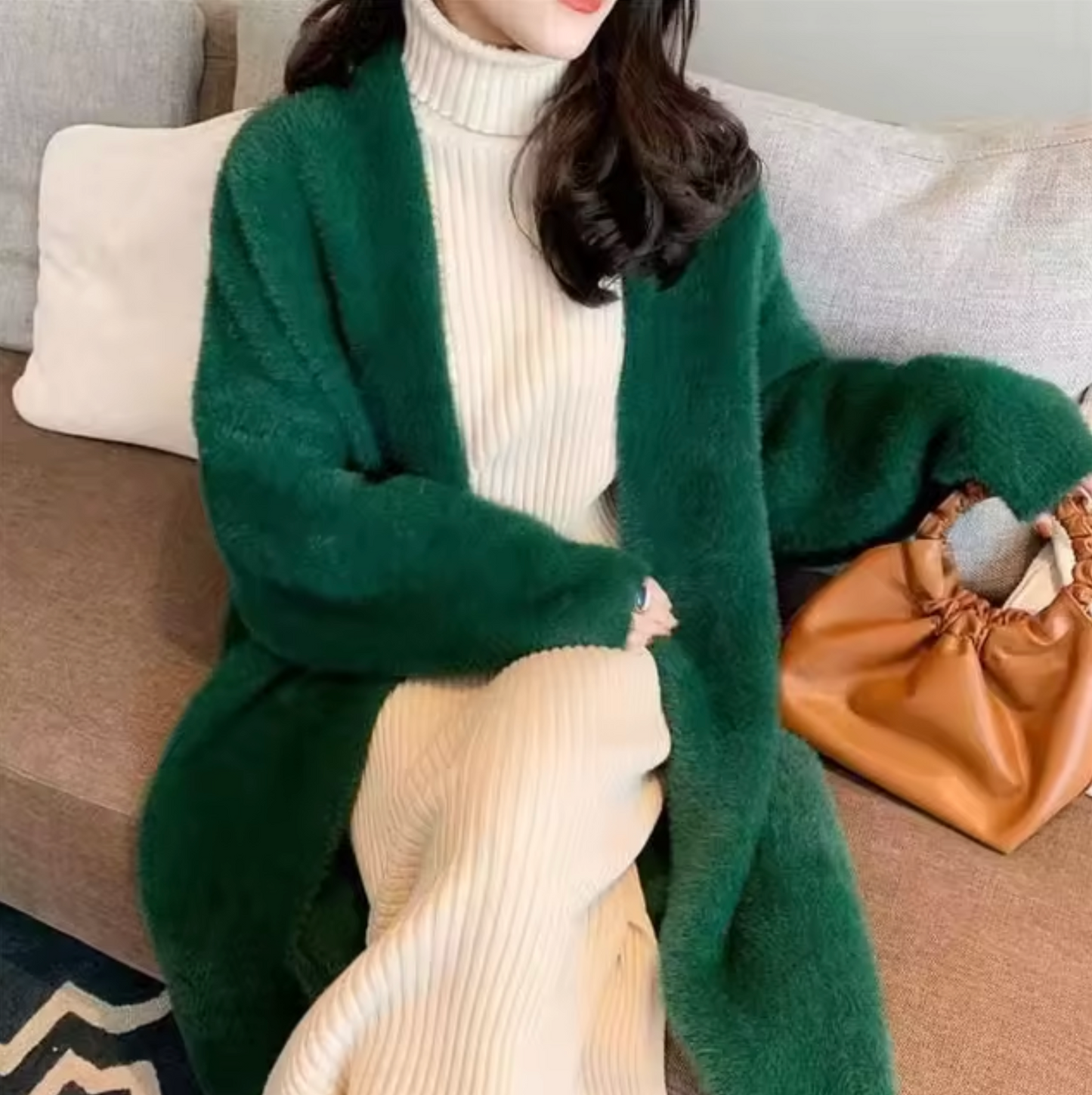 Women's oversized open-front long cardigan in cozy textured knit, draped silhouette for effortless layering