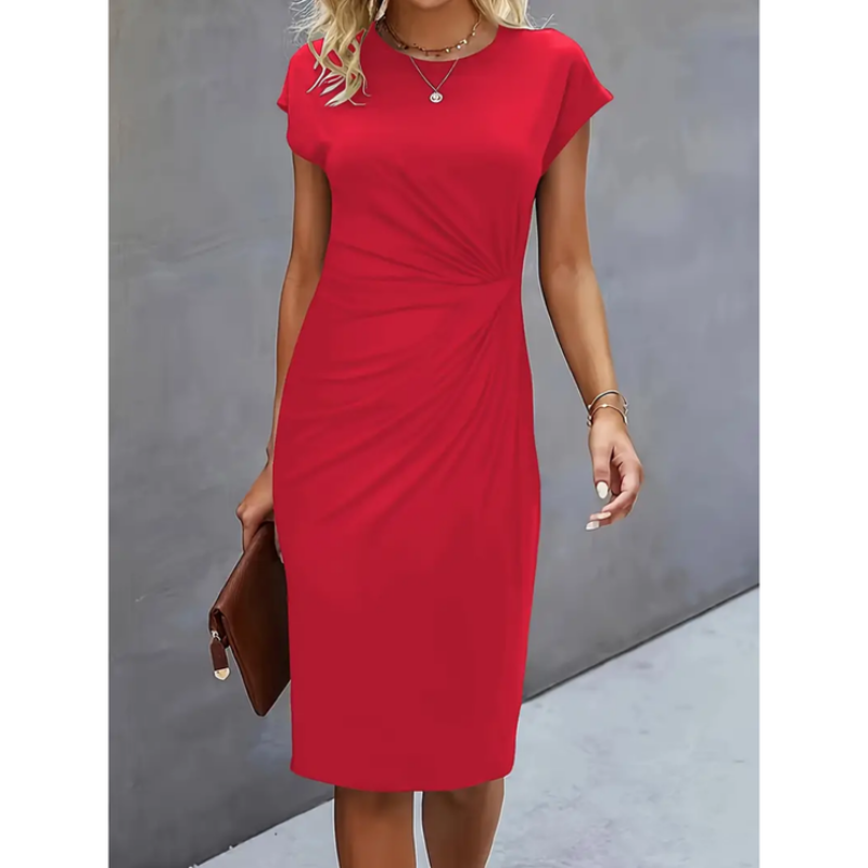 Women's black ruched bodycon dress with cap sleeves, flattering side ruching and stretch-fit silhouette
