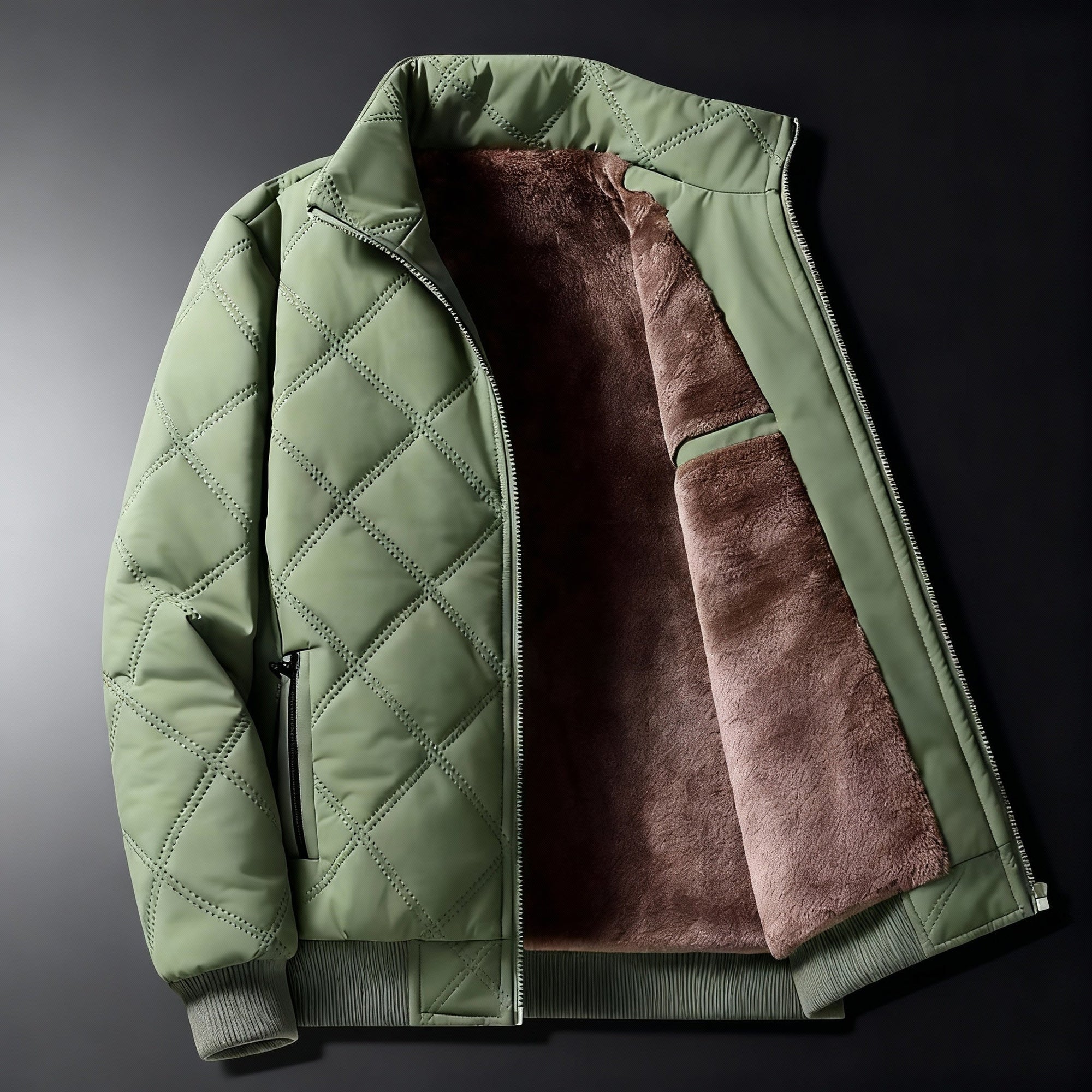 Men's quilted bomber jacket black fleece full-zip stand collar hip-length casual winter outerwear