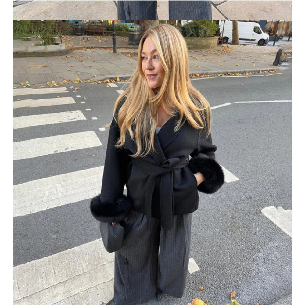 Women's belted faux fur sleeve coat cozy winter warmth elegant plush cold-weather style