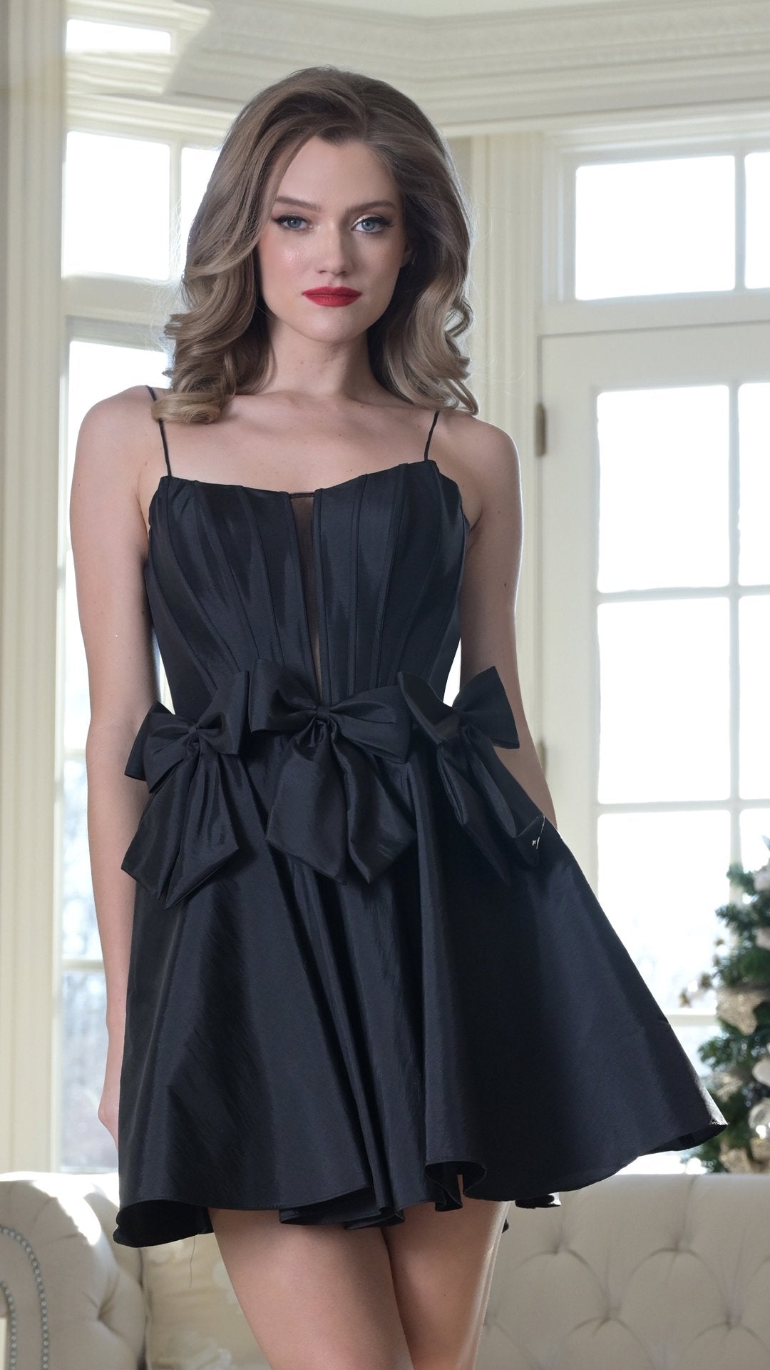 Red A-line mini cocktail dress spaghetti straps corset bodice pleated taffeta skirt bow detail