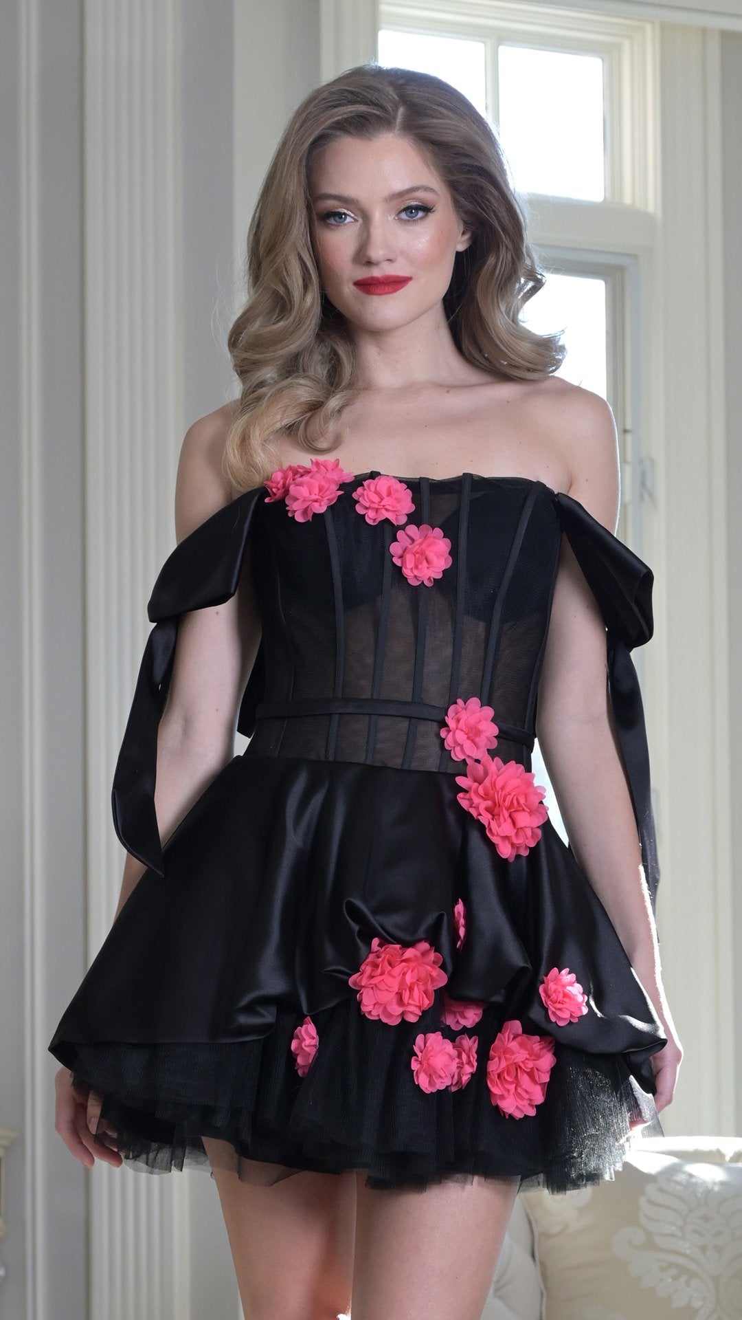 Strapless mini cocktail dress ivory floral applique satin corset bodice detachable sleeves party