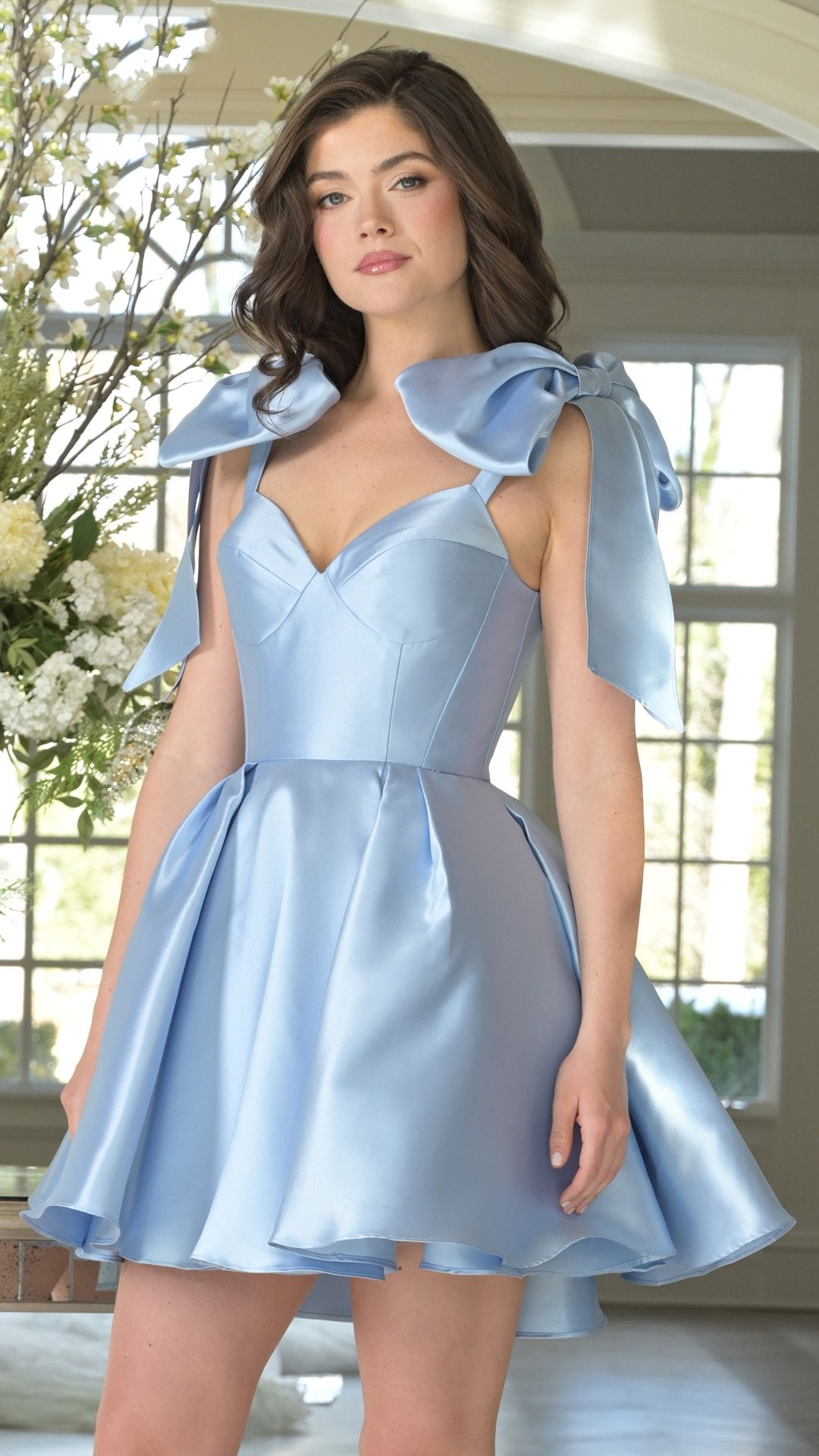 Short mikado cocktail dress, sweetheart corset bodice, A-line pleated skirt, bold shoulder bows