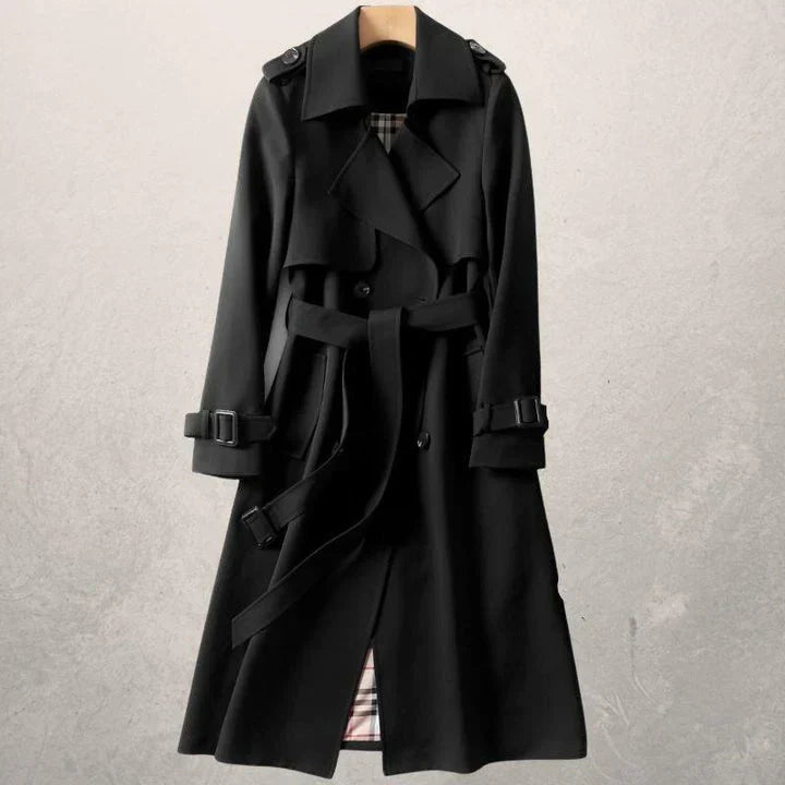 Women's ruby red double-breasted coat elegant tailored silhouette with bold button row