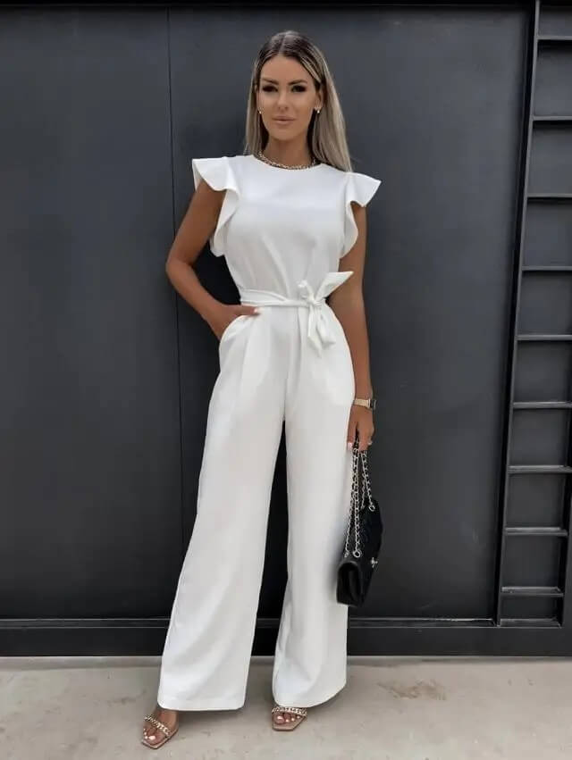 Amber | Women's Ruffle Sleeve Wide Leg Jumpsuit Belted Elegant