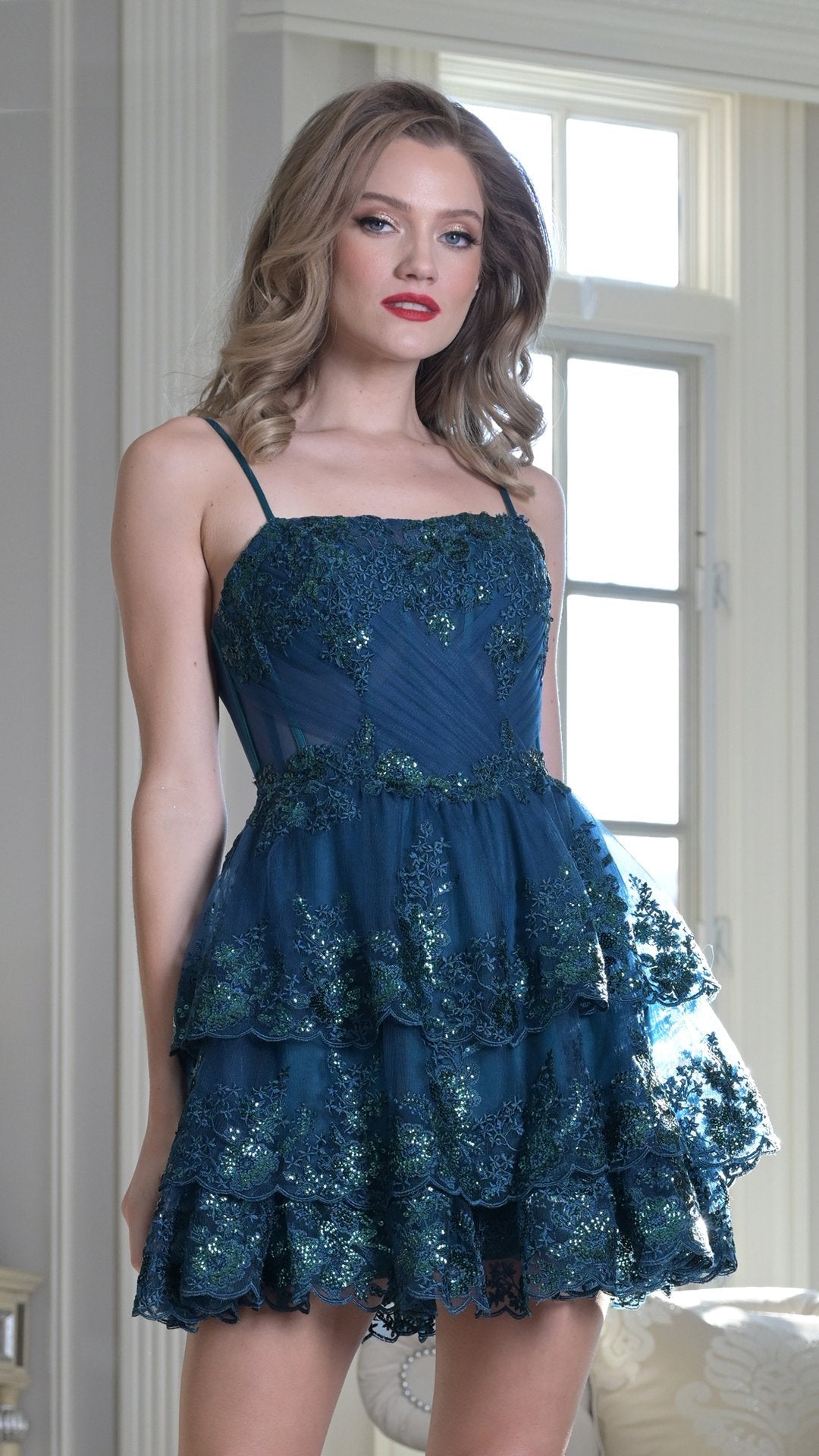 Women's A-line mini sequin lace cocktail dress with tiered ruffles and spaghetti straps