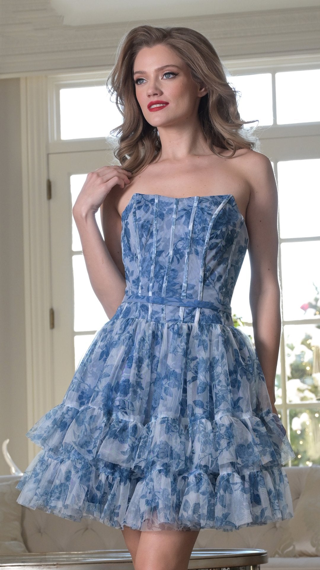 Colors 3669 strapless corset mini cocktail dress with printed mesh ruffle hem, bold glam style