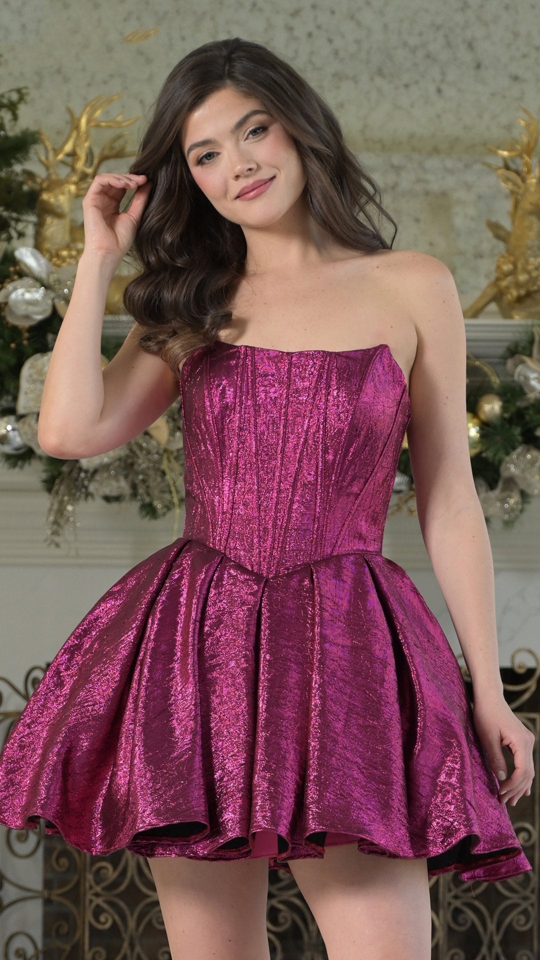 Strapless jacquard A-line mini homecoming dress with corset bodice in textured fabric