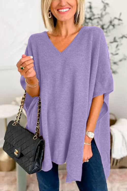 Women's solid cashmere poncho sweater V-neck loose fit lightweight breathable layering essential