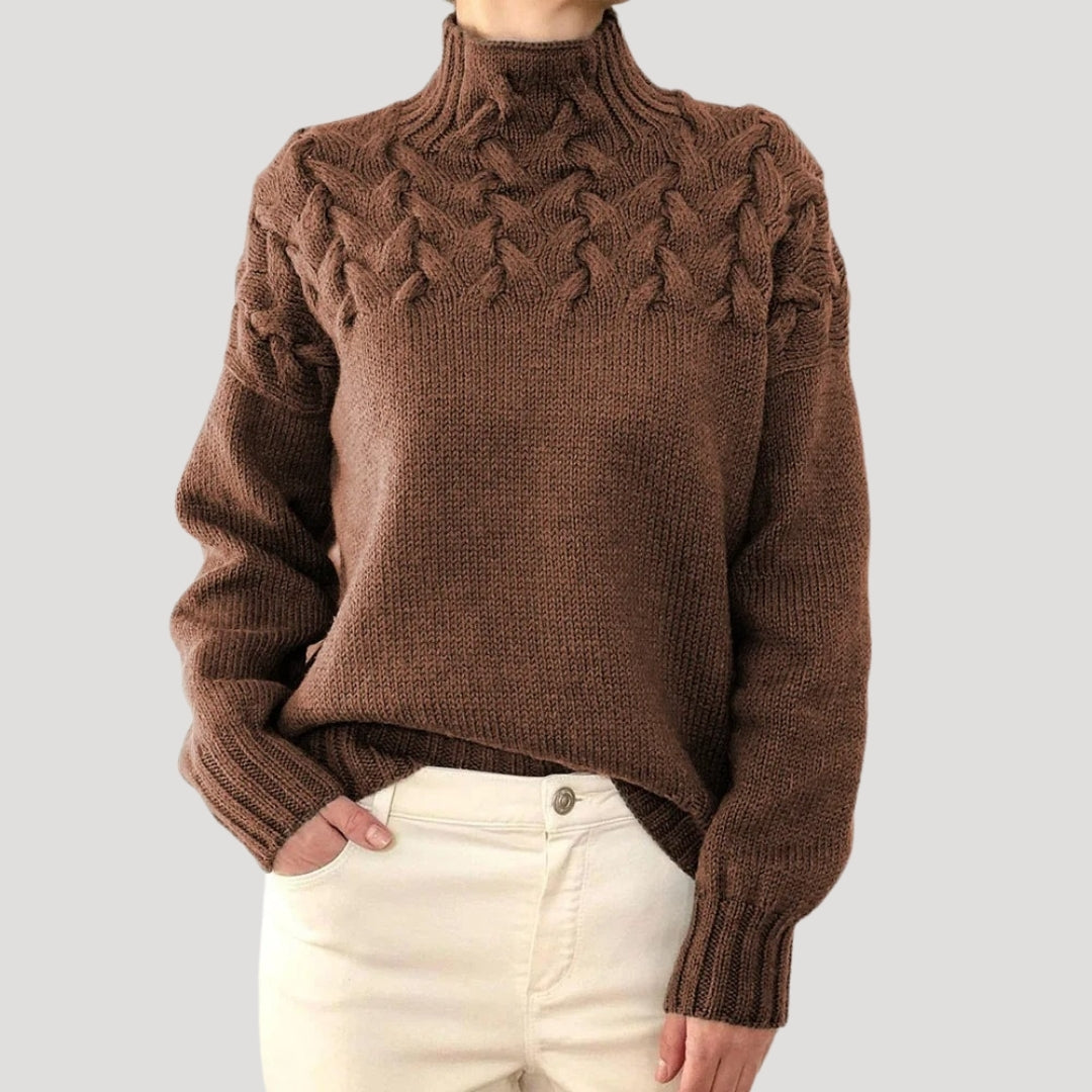 Women's ivory cable knit high-neck sweater with textured pattern, cozy classic spring top