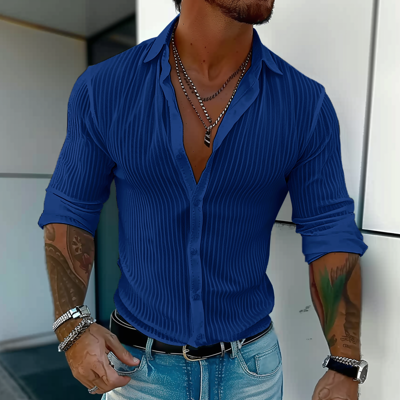 Men's slim fit white vertical striped lightweight button-front shirt with modern casual-to-office versatility