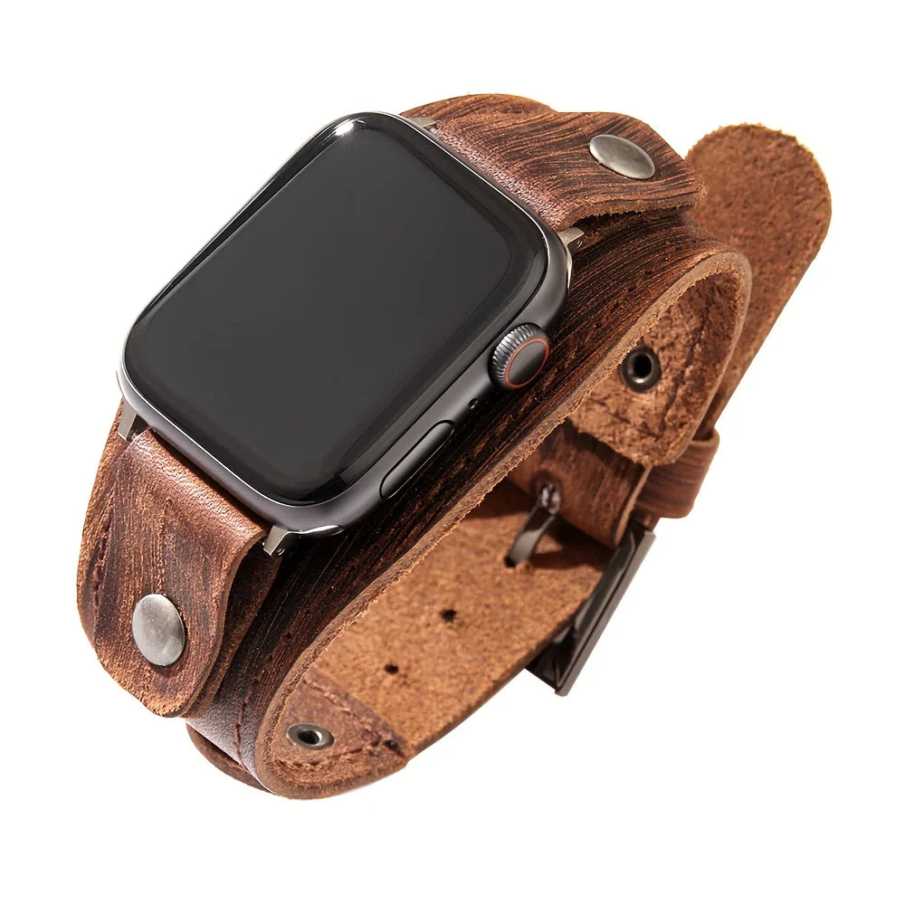 Rugged full-grain leather wide cuff Apple Watch band in brown, bold adventurer style