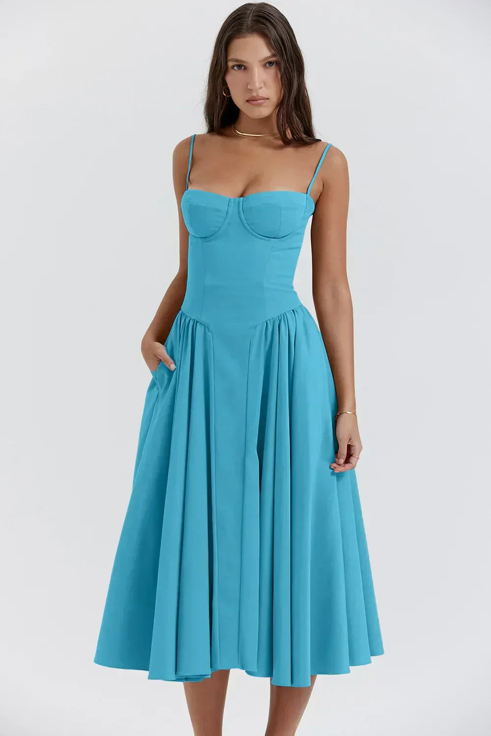 Sleeveless midi dress with corset cut waist, elegant silhouette-enhancing design for special occasions