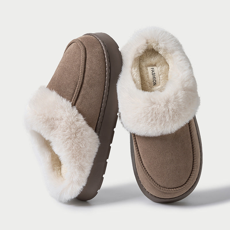 Women's fur-lined slip-on moccasin slippers in warm neutral tones with plush interior lining
