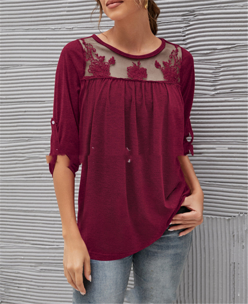 White women's lace blouse with pleated details, elegant romantic silhouette for office and brunch