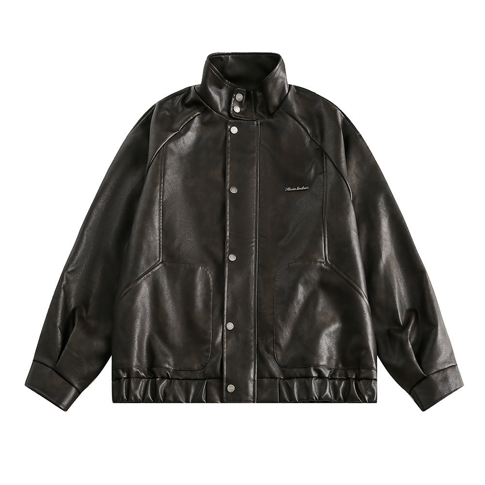 Men's black faux leather bomber jacket with stand-up collar and snap button closure