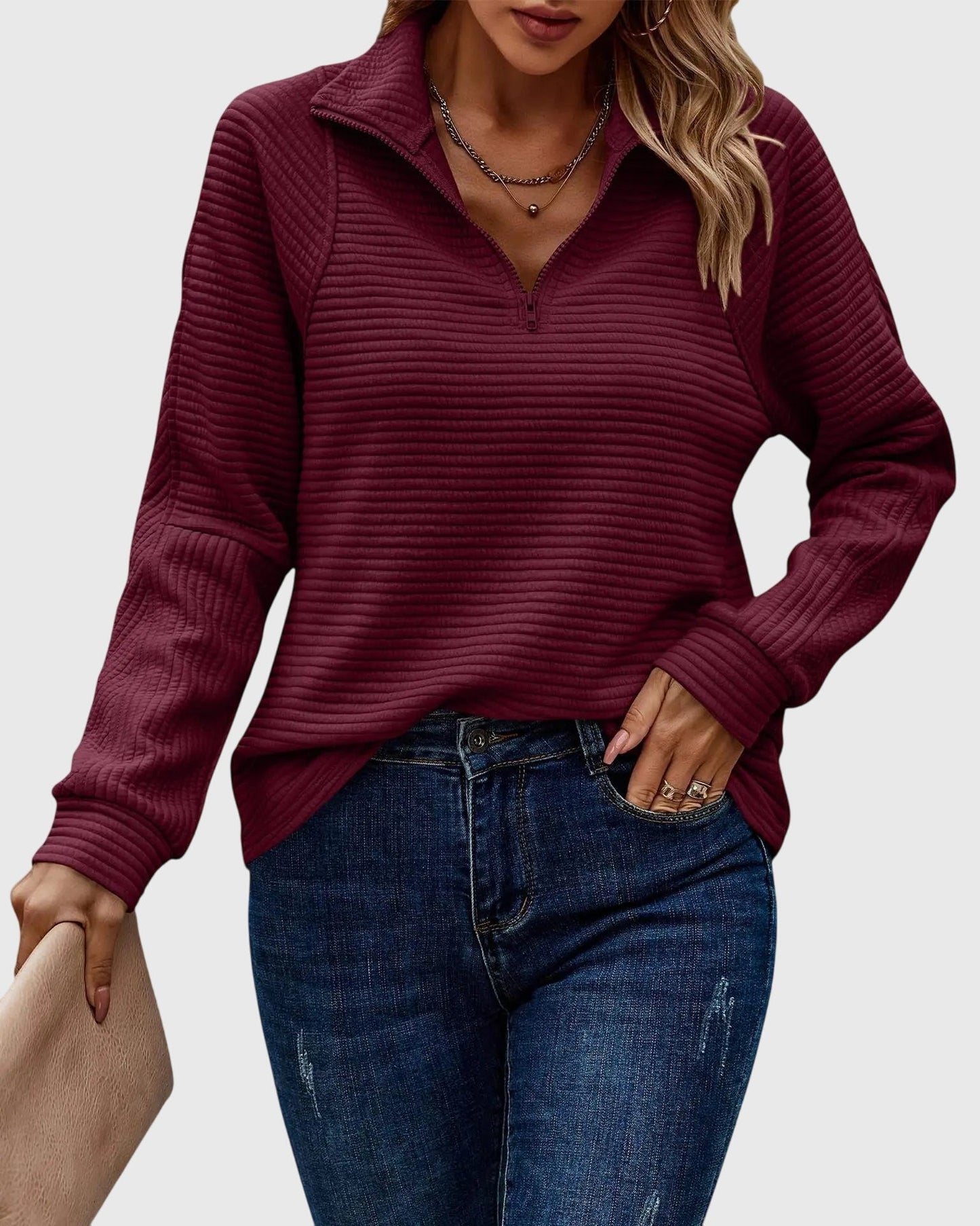Women's zip-up long sleeve pullover modern easy fit versatile everyday layer with structured front zipper