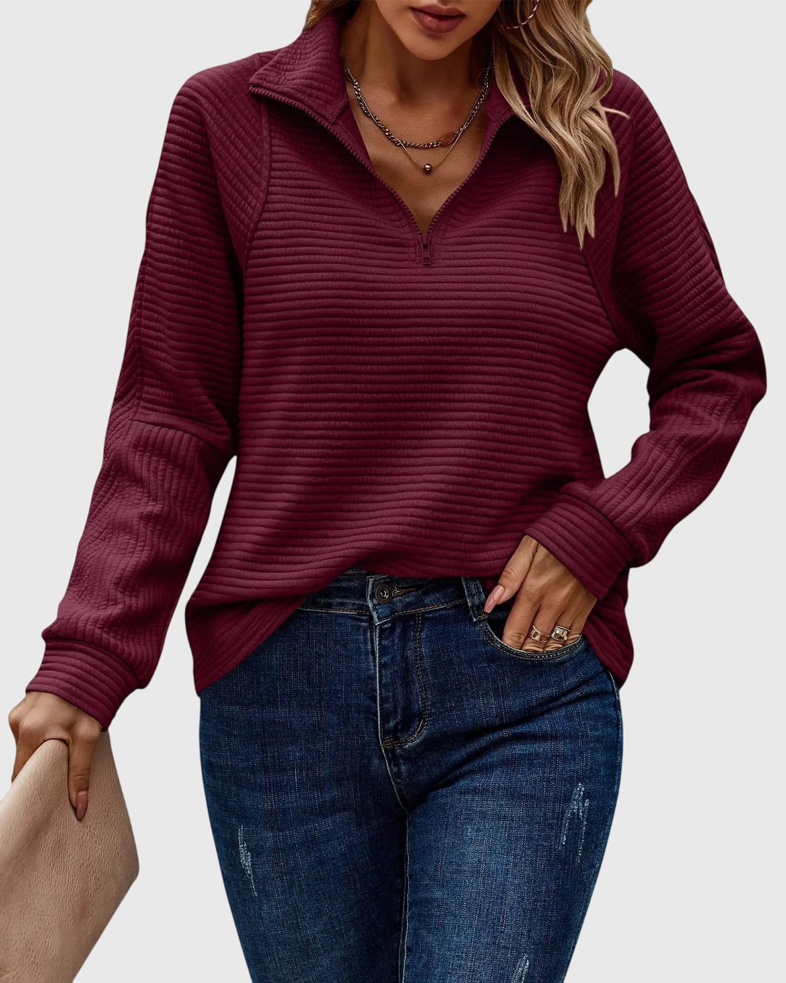 Women's zip-up long sleeve pullover modern easy fit versatile everyday layer with structured front zipper