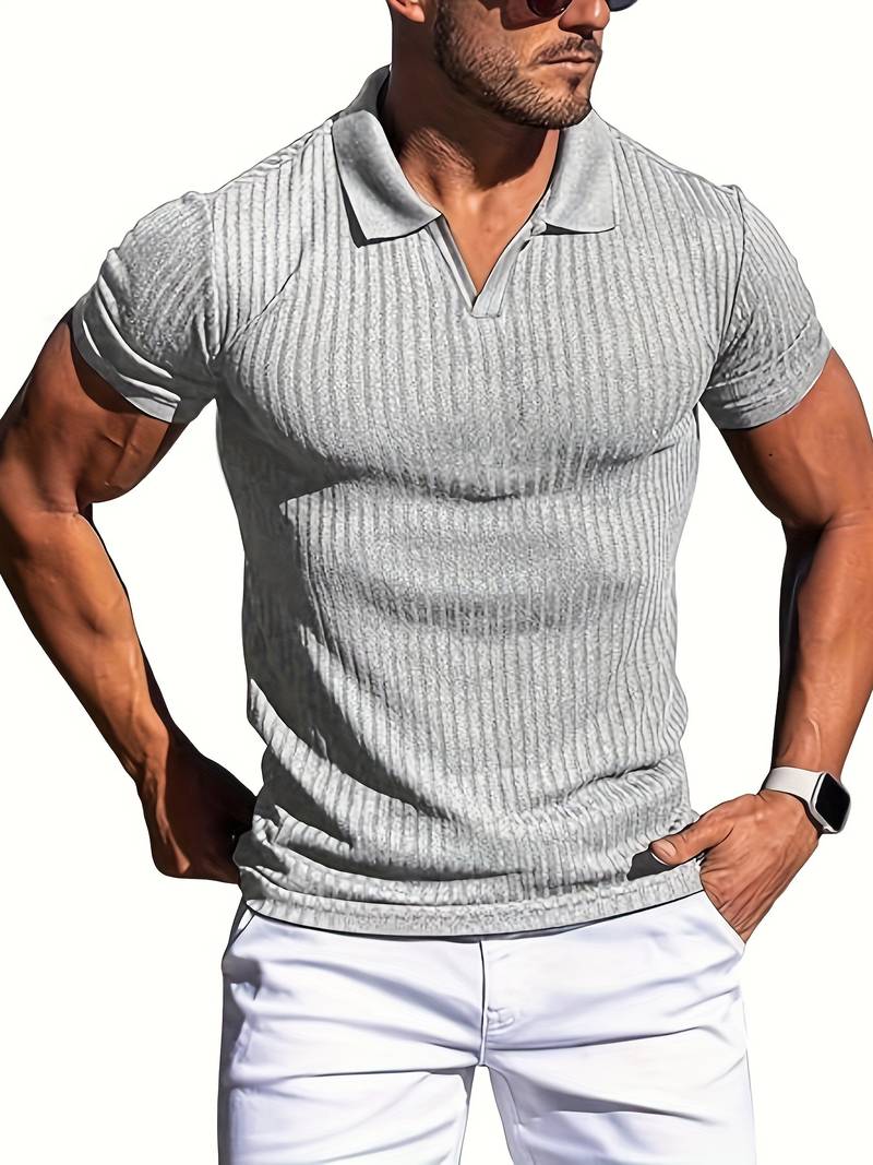 Men's slim fit ribbed knit polo shirt short sleeve neutral tone textured cotton-blend fabric