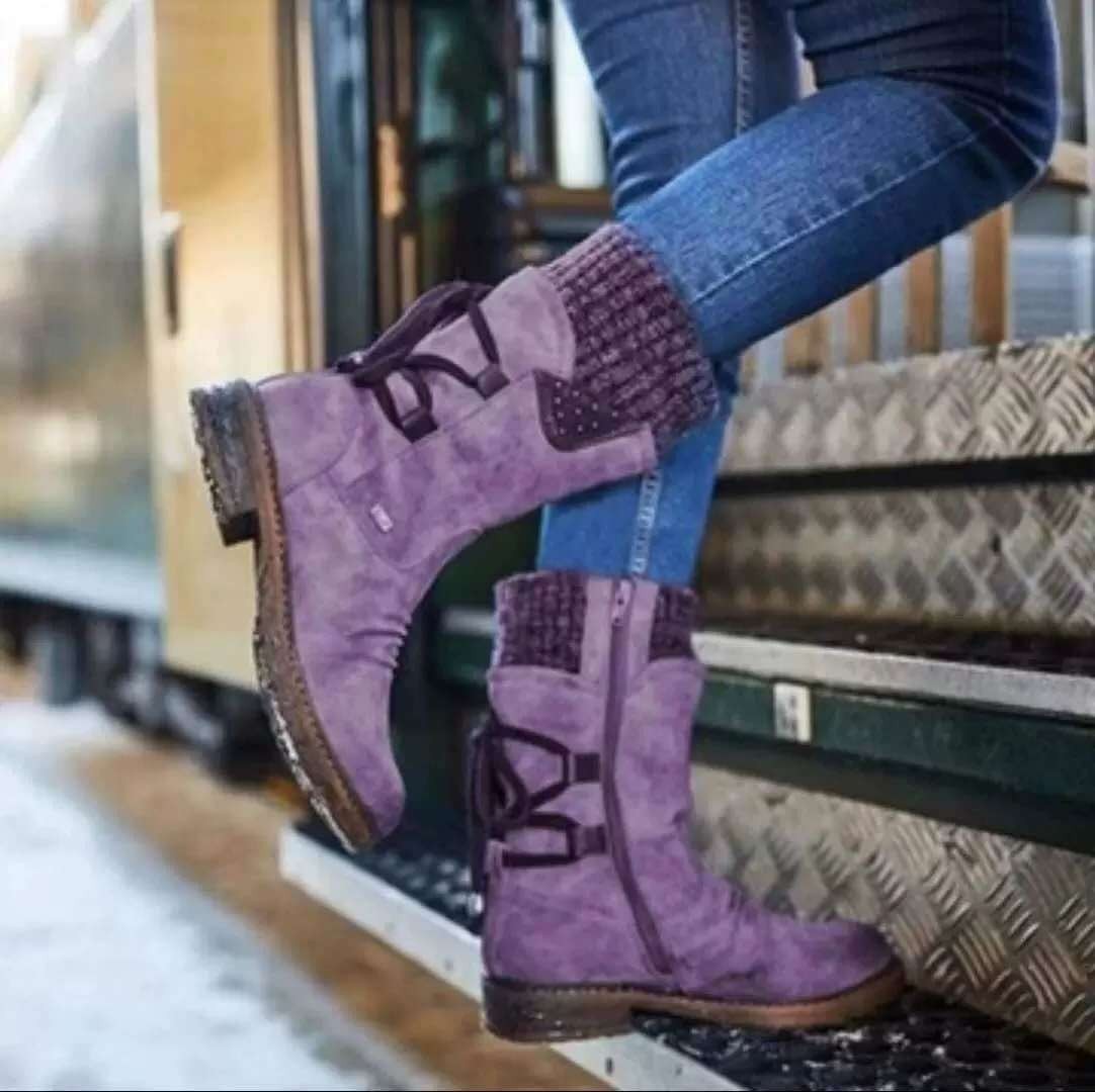 Women's purple leather insulated ankle boots with cozy knit trim detail for winter style