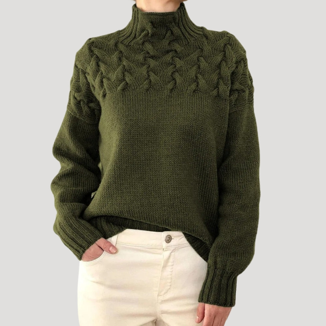 Women's cream cable knit high-neck sweater with textured pattern, cozy spring classic fit