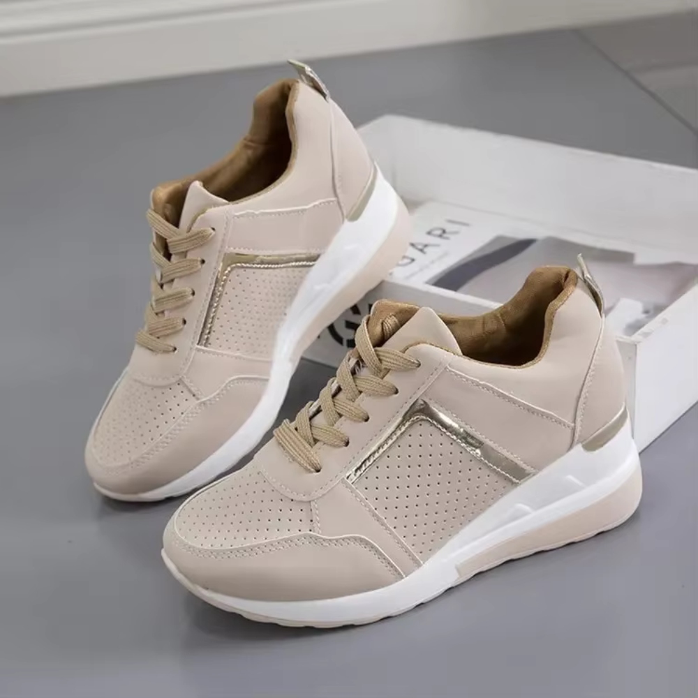 Women's white orthopedic wedge sneakers with 5cm heel lift for all-day arch support and comfort