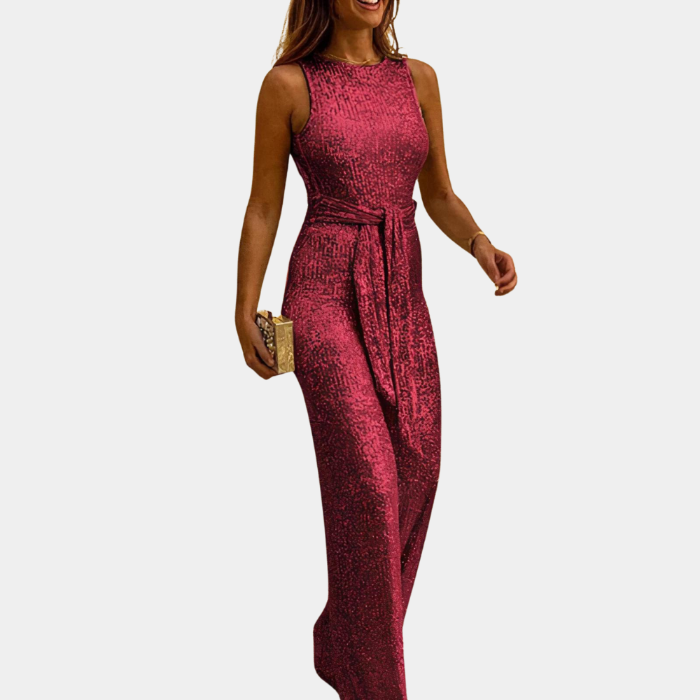 Women's silver sequined jumpsuit elegant wide-leg cut sparkling formal evening silhouette