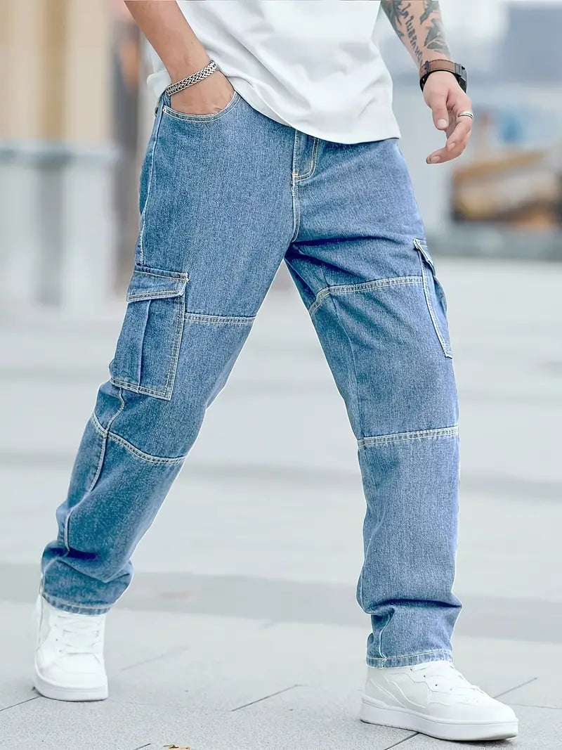 Men's peacock blue loose cargo denim jeans comfort fit with multiple functional pockets