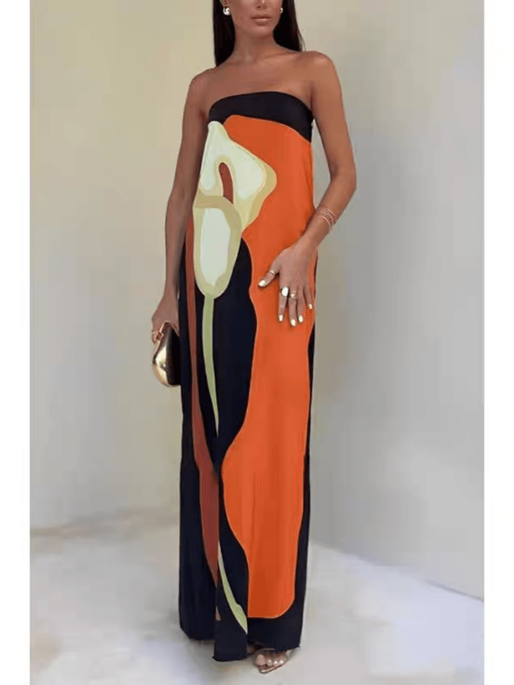 Women's strapless color block maxi dress with bold printed pattern, sleek silhouette for parties