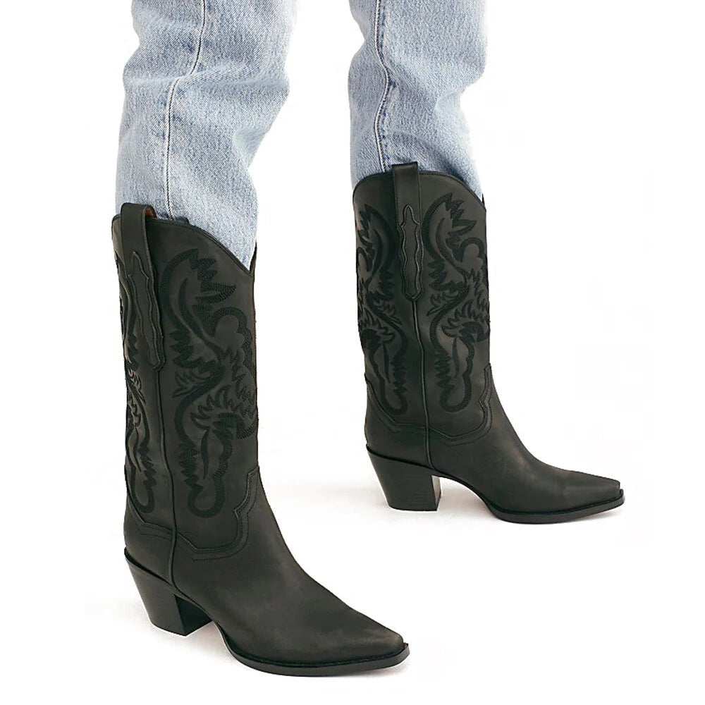 Women's vintage Western boots pointed toe thick heel rivets embroidered solid color artificial leather