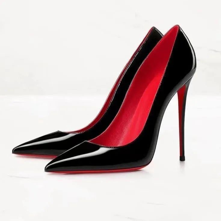 Black patent leather 12cm stiletto heels with soft sole, elegant pointed toe for dressy wear