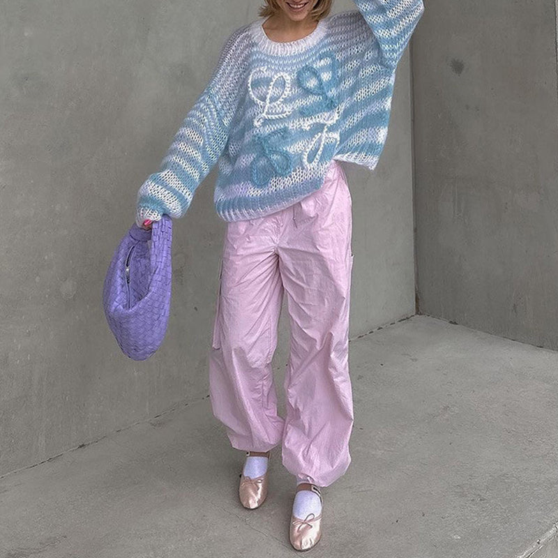 Women's colorful striped knitted sweater, cozy casual fit with stretchy wool-blend fabric for layering