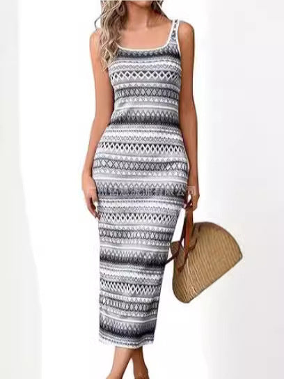 Women's sleeveless stripe dress square neckline slim flattering fit modern elegant everyday style