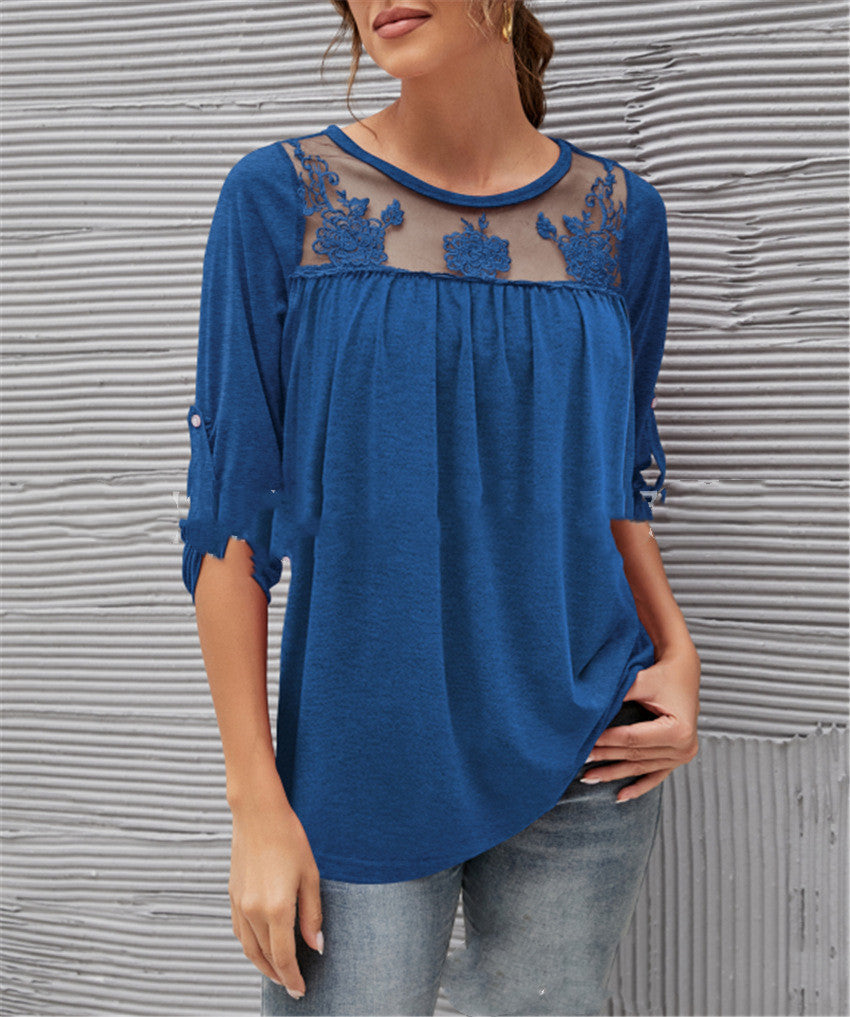 White women's lace blouse with pleated details, elegant feminine silhouette for brunch and office