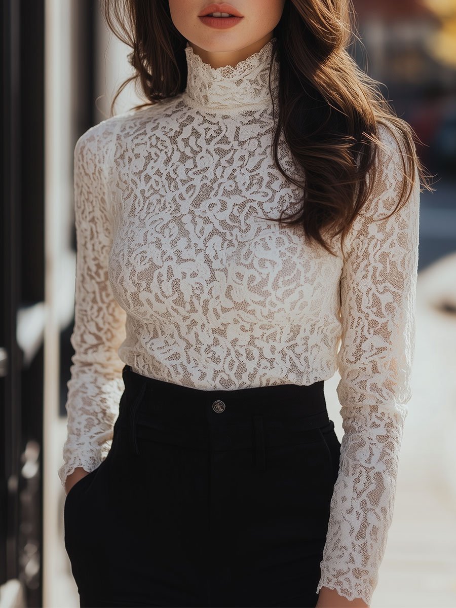Women's sheer floral blouse high collar semi-transparent elegant romantic daywear top