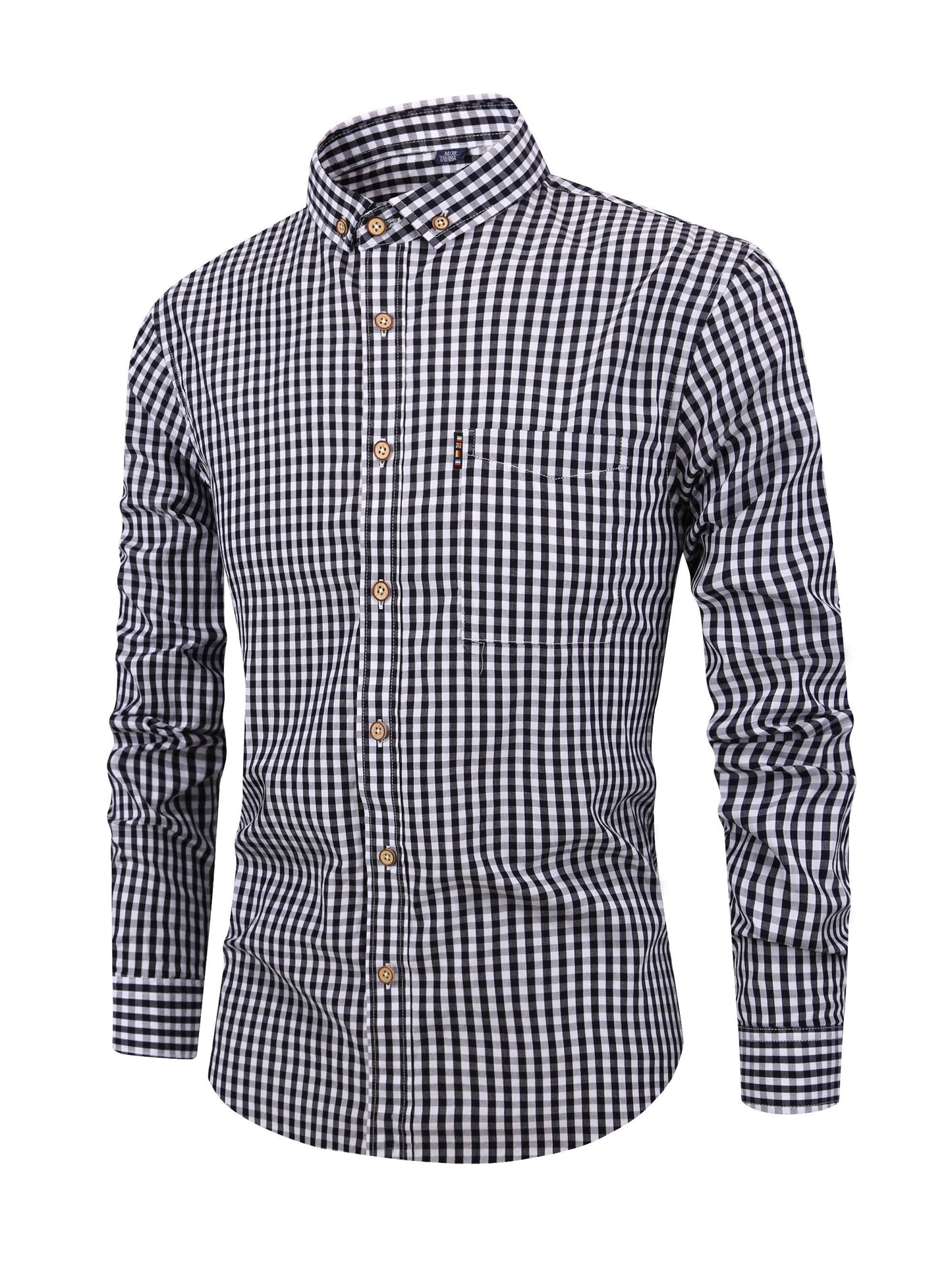 Men's slim fit gingham shirt with button collar and long sleeves, versatile boardroom style