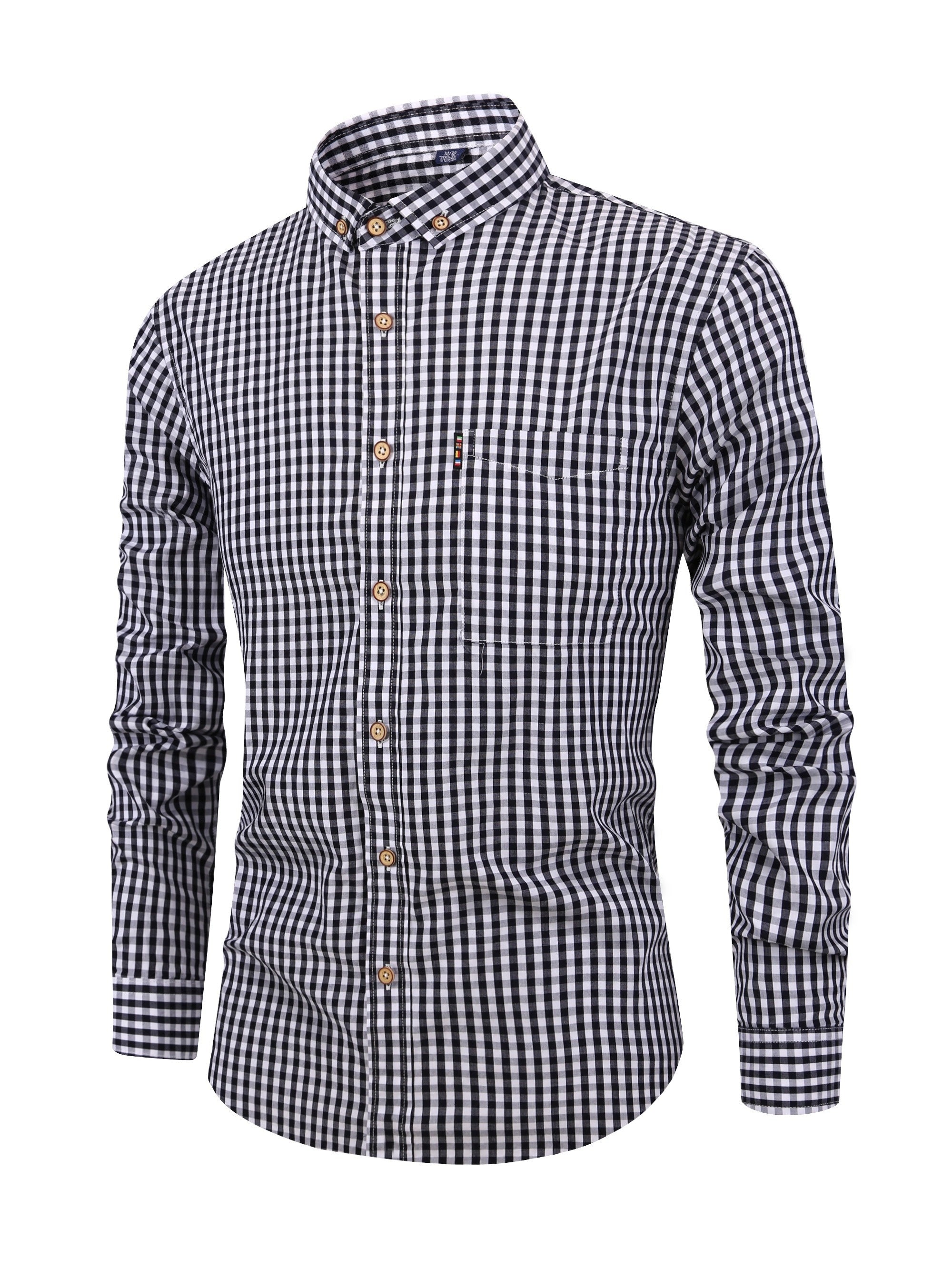 Men's slim fit gingham shirt with button collar and long sleeves, versatile boardroom style