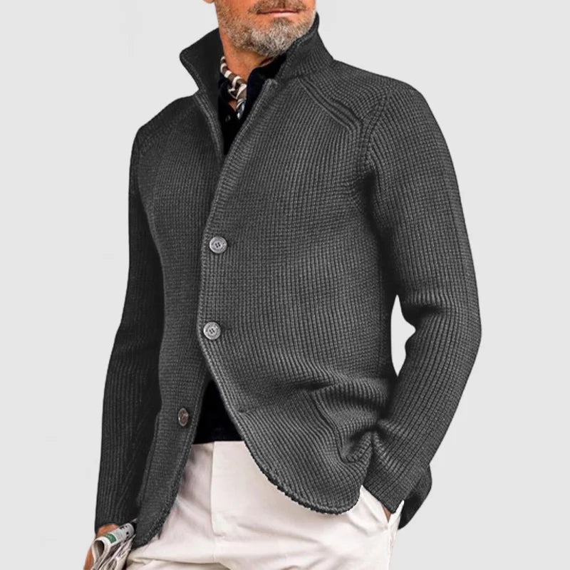 Men's ribbed knit cardigan with stand-up collar, versatile layering piece with clean structured silhouette