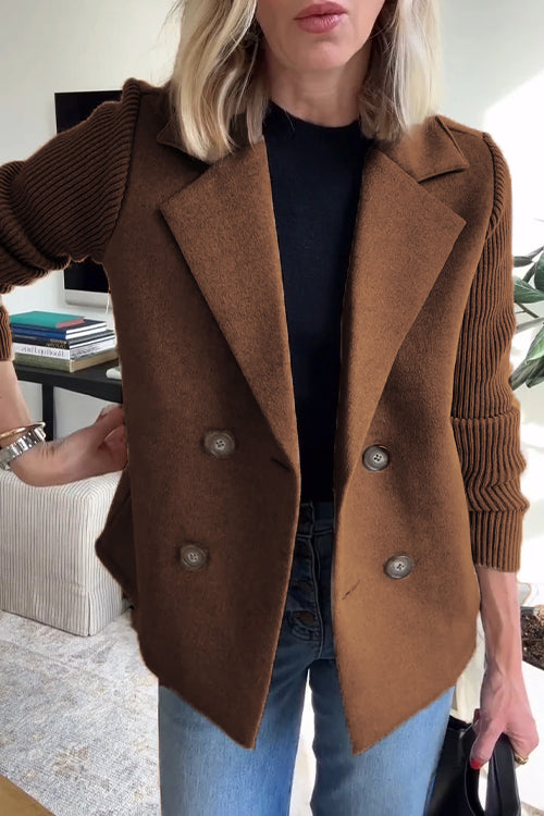 Unisex beige cotton-blend casual jacket with knit sleeves, lapel collar, and button-down front