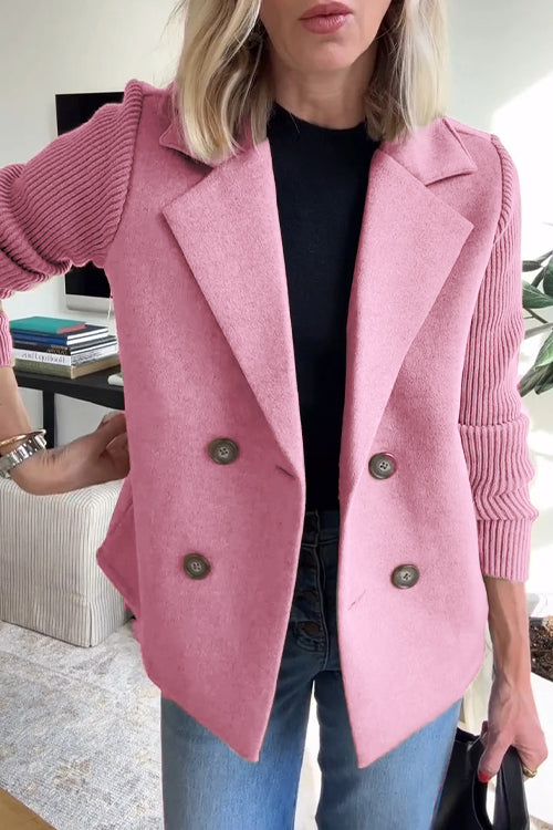 Unisex cotton-blend casual jacket with lapel button-down front and contrast knit sleeves
